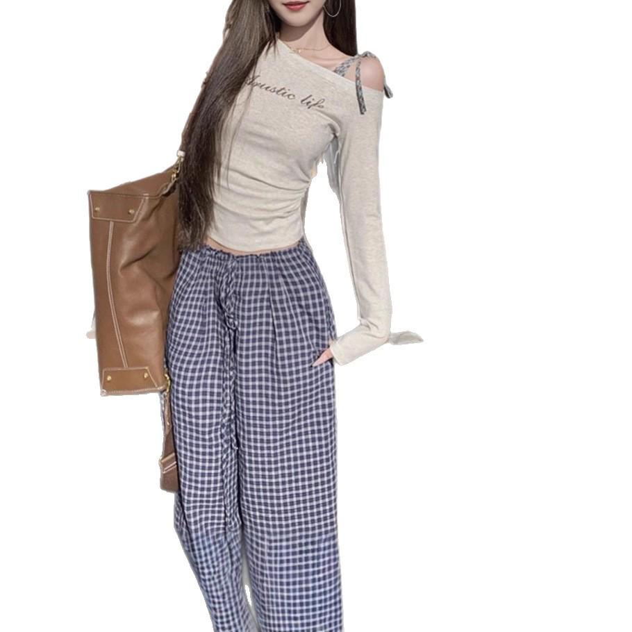 

Chic Floral Gray One-Shoulder Plaid Tie-Up Autumn Letter Print Slim Long-Sleeve Top for Women S