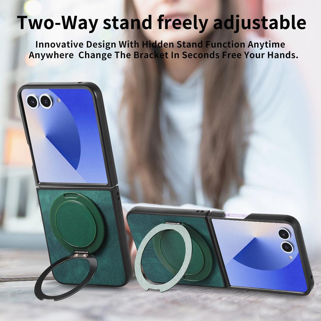 For Samsung Galaxy Z Flip7 5G Phone Case with Rotating Kickstand Stress Relief Retro Leather Back Cover
