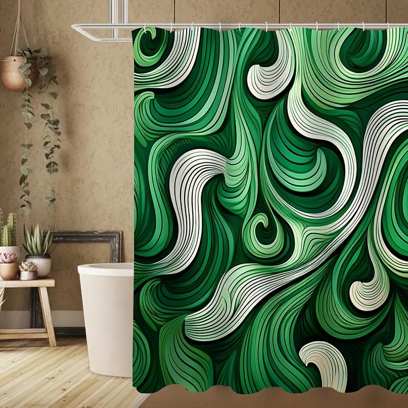 4Pcs, Abstract Green Wavy Line Pattern, Apartment Bathroom, Shower Room Shower Curtain, Hotel Shower Curtain Set, With