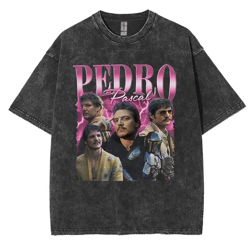 Limited Pedro Pascal Actor Washed Vintage T Shirt Men Women Casual Oversized Tshirt Fashion High Quality Cotton Tees Streetwear