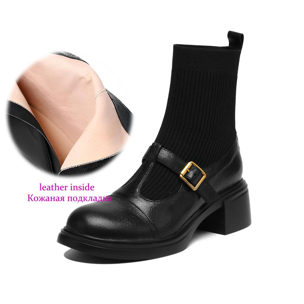 Krazing Pot Cow Skin Round Toe Chunky Heels Stretch Boots Size 42 Women Metal Buckle Knitwear Ankle Boots