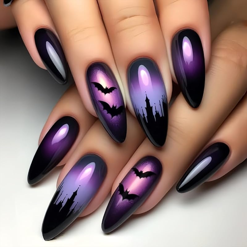 Halloween Press on Nails Medium Almond Fake Nails with Designs Cute Ghost Stick on Nails Rainbow Swirl False Nails Bat Acrylic Nails Cobweb