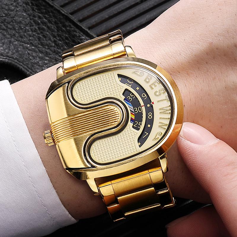 Bestwin Gold Top Brand Luxury Men Watches Unique Design Stainless Steel Band Golden Dropship Relogio Masculino High Quality Male
