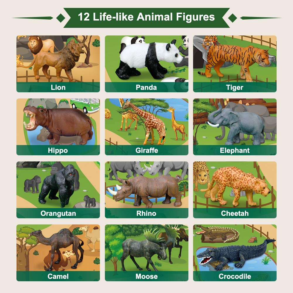 Mini Tudou 12pcs Safari Animal Figures Toys and 145x98cm Large Playmat Realistic Jumbo Jungle Wild Zoo Animal Figures Playset Includes Suitable for