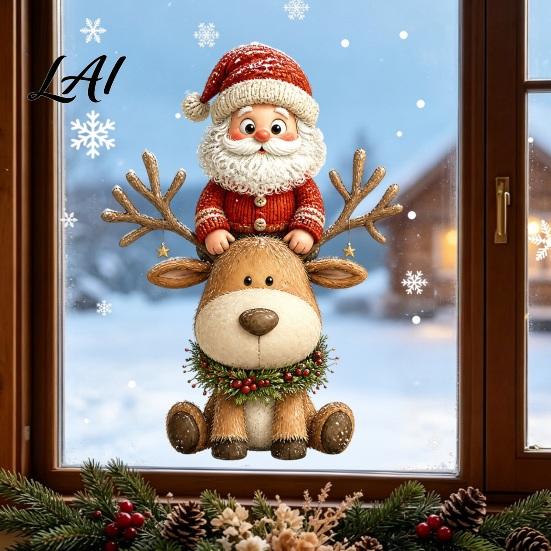 Waterproof PVC Window Film Christmas Cling Reindeer Decals and Santa Claus Static Seasonal Store Display