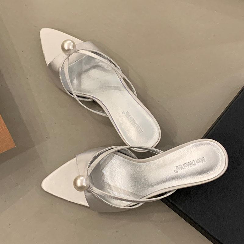 Mode Mode Spitzschuh Damen Niedriger Absatz Pantoletten Sandalen Schuhe Luxus Damen Pantoletten Schuhe Fußbekleidung Schnurperle Damen Absatz Pantoletten Schuhe