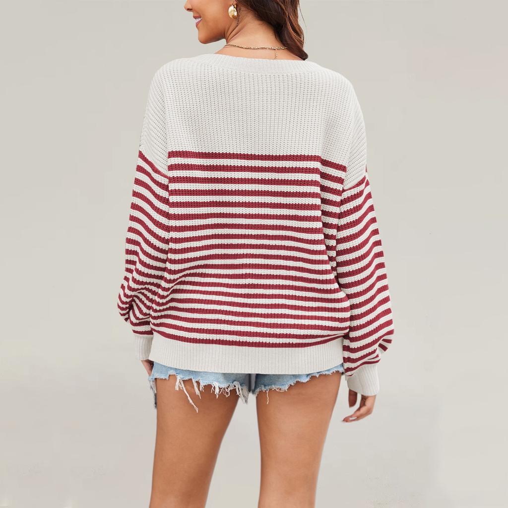 QICED Autumn Winter O-Neck Striped Loose Large-size Sweater for Women
