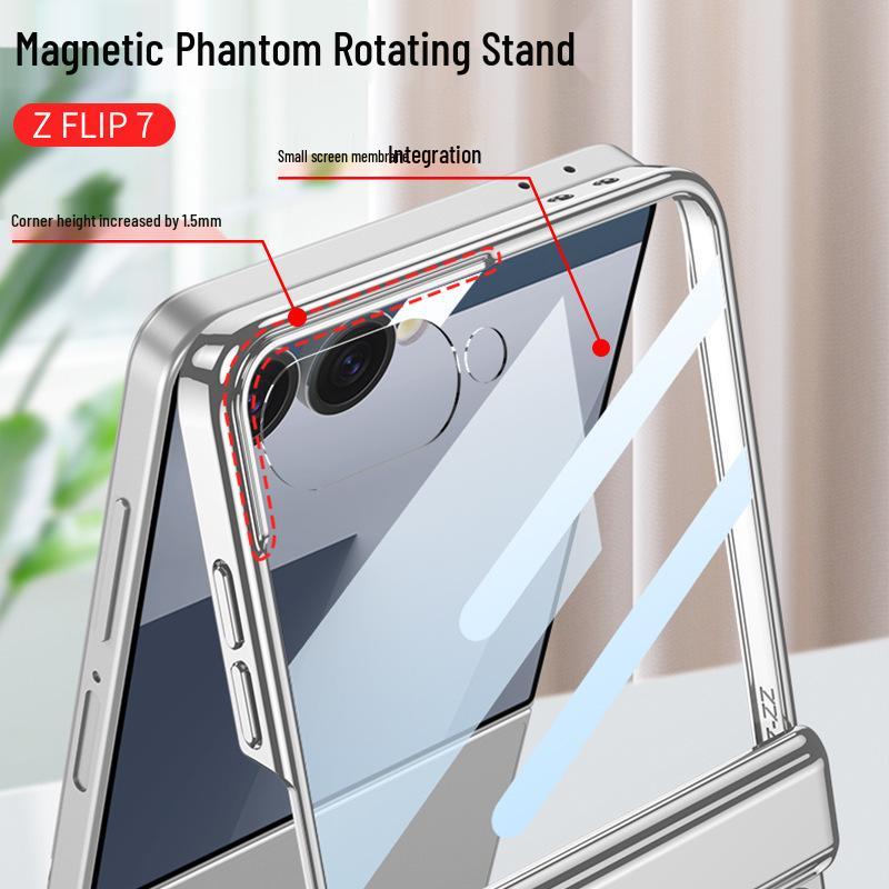 Samsung Z Flip7 Case: 360° Rotating Stand with Wireless Charging, Flip6 Compatible, Transparent Protective Hinge Cover