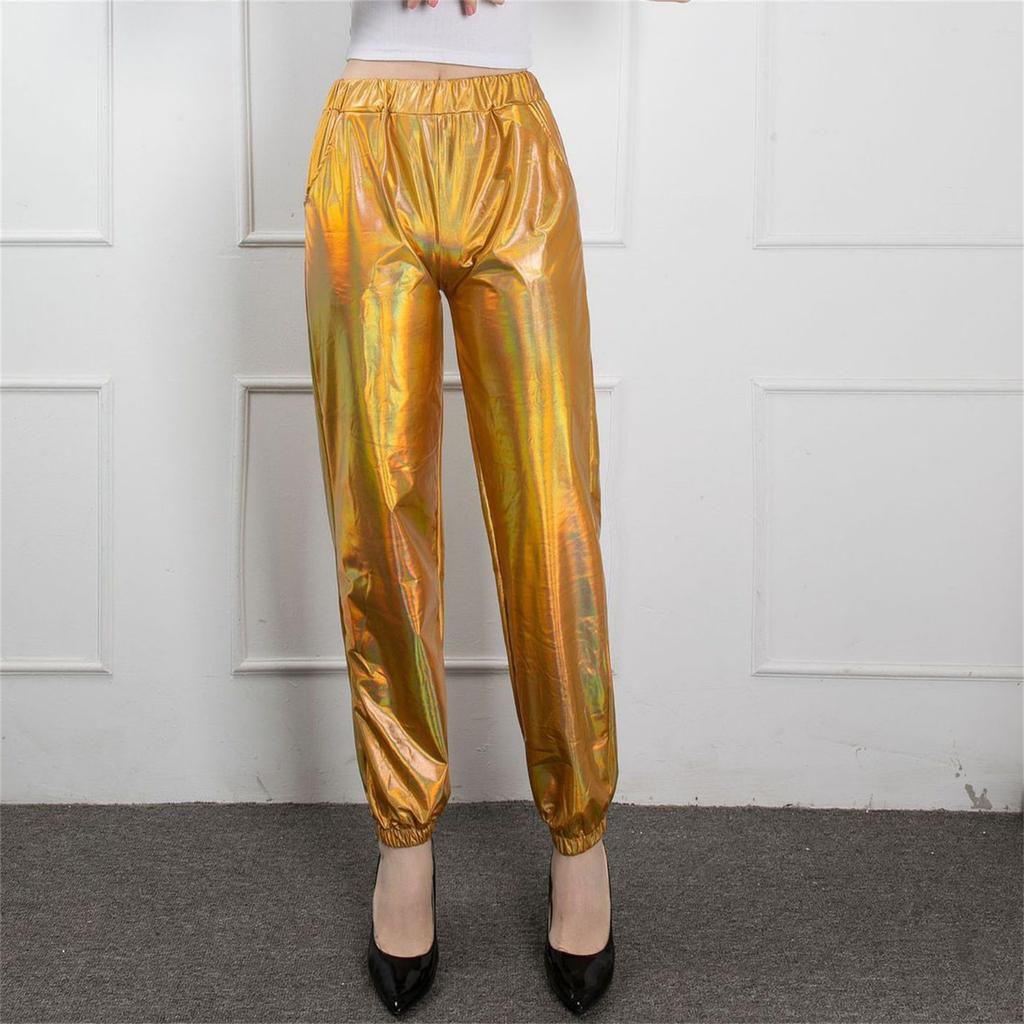 Dámské tepláky středního pasu jednobarevné lesklé devítiminutové kalhoty