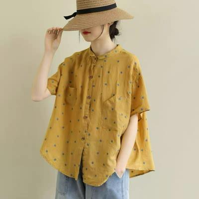 Literarisches Retro Polka Dot Baumwoll-Leinenhemd Damen Kurzarm Sommer Locker Große Größe Wald Oberteil