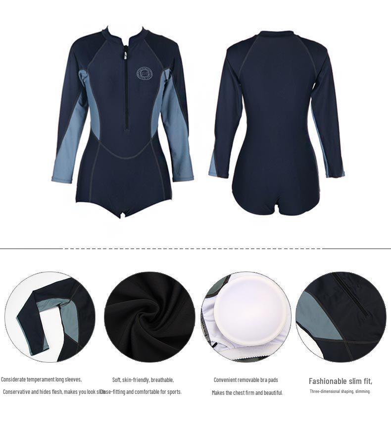 Women's Long Sleeve Slimming One-Piece Swimsuit - Sun Protection, Small Bust Support, Plus Size, Ideal for Diving, Sports, and Hot Springs