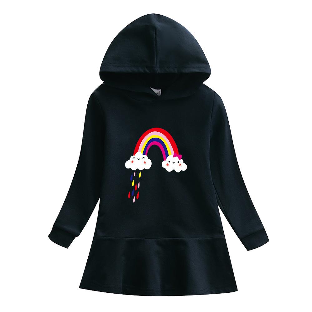 Children's Rainbow Cartoon Hooded Sweatshirt Dress with Ruffle Skirt, Pure Cotton, Long Sleeve 