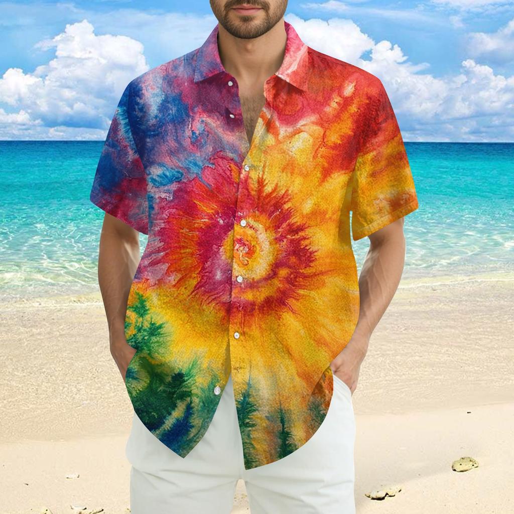 Men's Fashion Loose Tie-Dye Printed Short Sleeve Beach Shirt