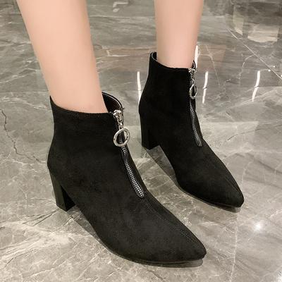 Winter New Fashion Versatile Short Boots High Heels Pointed Thin Boots Women's Thick Heel Heightened Martin Boots