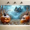 1 Halloween Haunted House Background Cloth - Ghost Pumpkin Cornfield Mist Landscape and Neon Sky Design