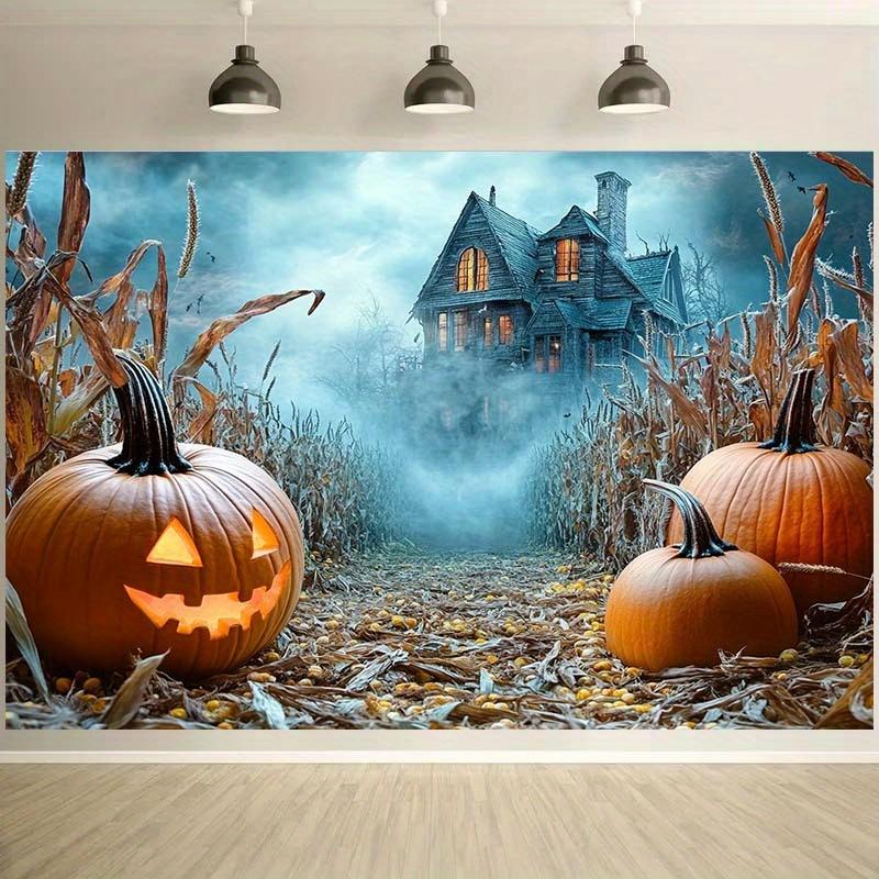 1 Halloween Haunted House Background Cloth - Ghost Pumpkin Cornfield Mist Landscape and Neon Sky Design