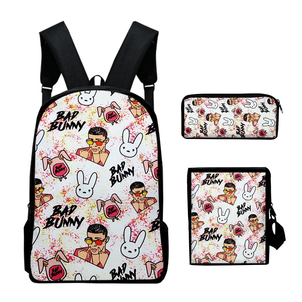 Fashion Novelty Luxury Bad Bunny 3D Print 3pcs/Set Pupil School Bags Laptop Daypack Backpack Inclined Shoulder Bag Pencil Case