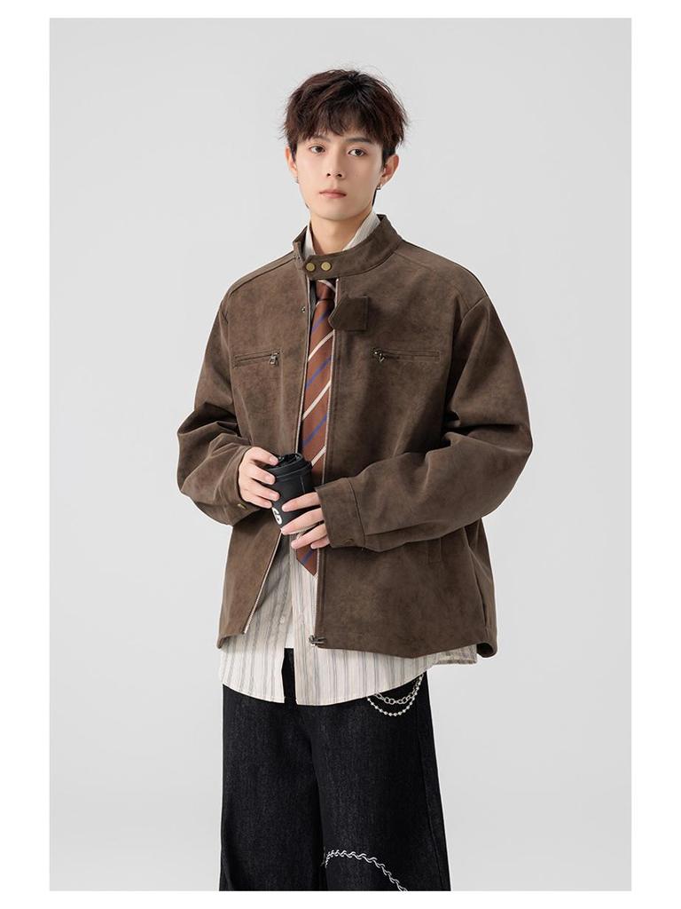 Men's Retro American Tie-Dye PU Leather Jacket - Warm, Trendy, Stand-Up Collar for Autumn