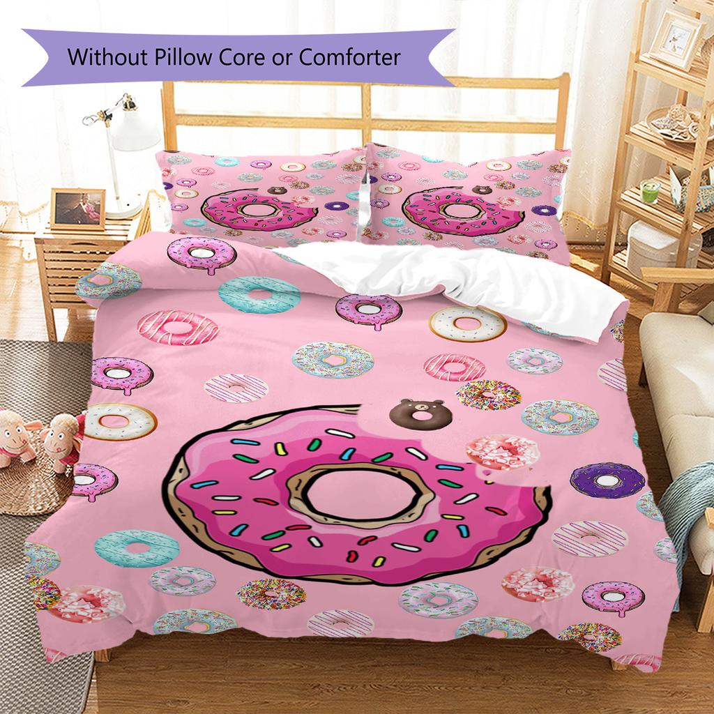 Pościel z wzorem kreskówkowych pączków Zestaw kołdry Poszewka na kołdrę Poszewka na poduszkę Dekoracja domu Prezent (1 * poszwa na kołdrę + 2 * poszewki na poduszki, bez rdzenia)