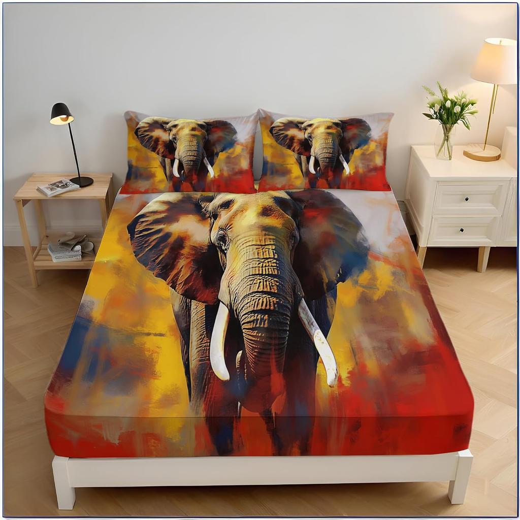 Elephants Fitted Sheet, African Landscape Bedding Set, Bed Sheets Room Decor For Teens Boys Girls,3 Piece Bedding Decor Set
