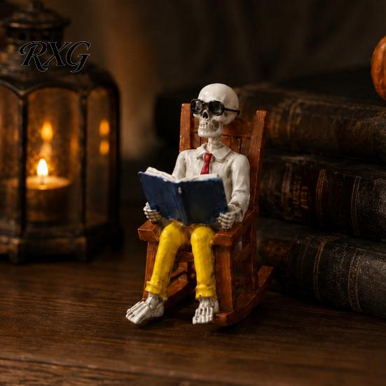 Resin Skeleton Desk Ornament Halloween Figurine, Sitting On Rocking Chair Statue, Drinking Gothic Garden Landscaping Decor Coffee Crocheting