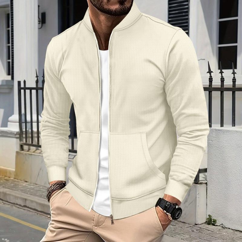European and American ins men's autumn and winter new waffle solid color zipper baseball jersey pocket long-sleeved jacket