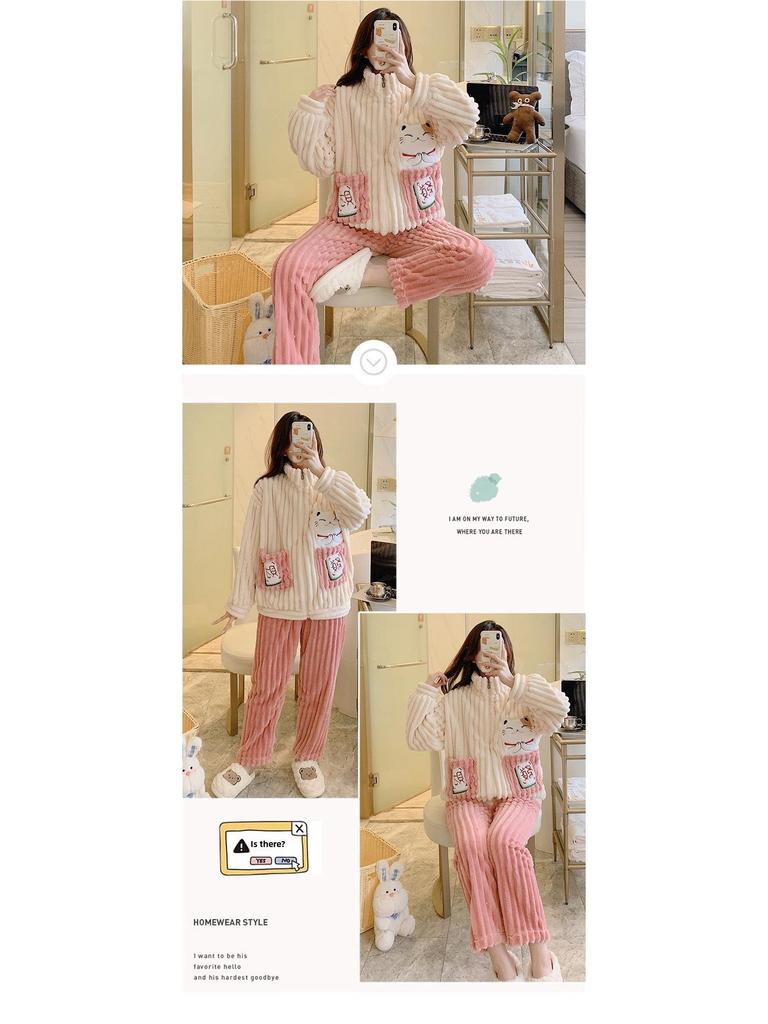 Cozy Coral Fleece Flannel Striped Loungewear for Plus Sizes (up To 220 Lbs) - Cute and Warm for Autumn and Winter