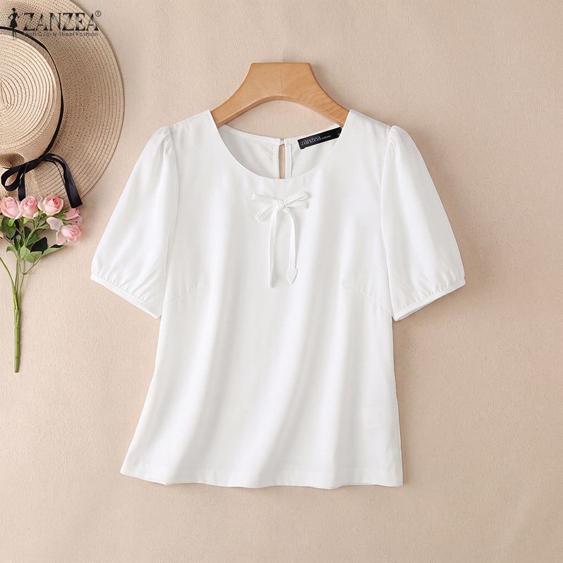 ZANZEA Blusa da donna casual a girocollo, tinta unita, manica corta larga