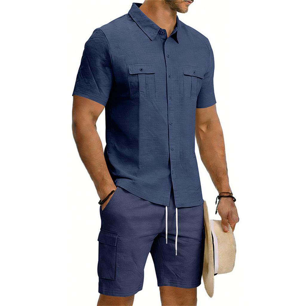 Men's Casual Short-sleeved Tooling Shirt Multi-pocket Shorts Set