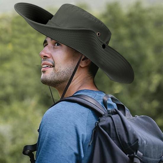Men Fisherman Hat Flat Top Wide Brim Breathable Sun Hat Adjustable Windproof Drawstring Sun Protection Hat