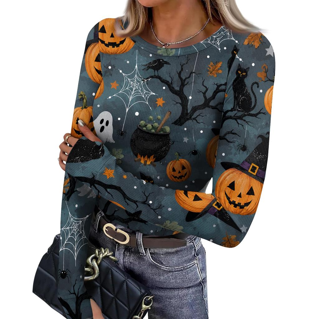 Women's Slim Fit Long Sleeve Halloween Printed T-Shirt with Thumb Holes Neck Pullover Base Layer
