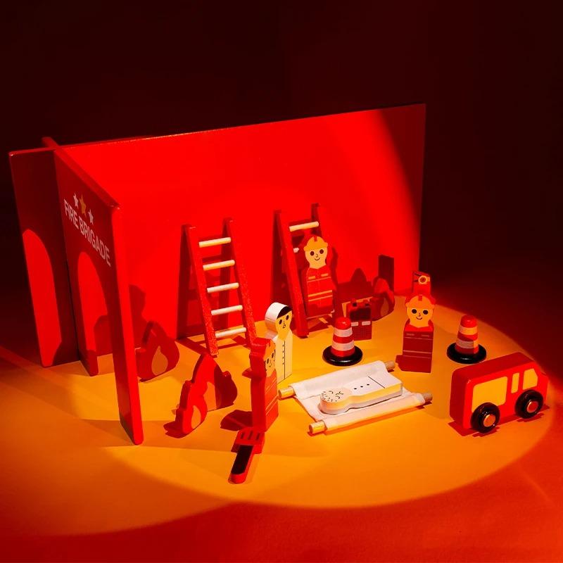 Montessori Wooden Toys Children Fire Station Police Station Simulation Toy Pretend Play Tools Construction Toy Motor Skills Kids