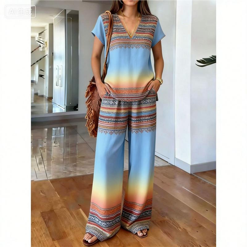 Bohemian vintage gradient stripe set, women's loose V-neck top with wide-leg pants, vacation-style casual two-piece set
