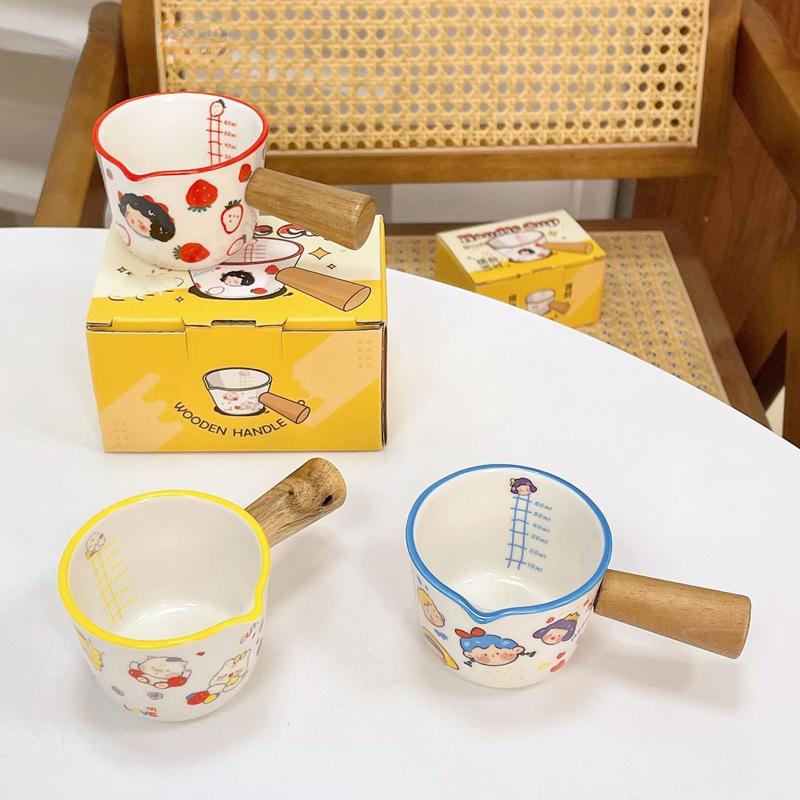 New Ceramic Milk Measuring Cup, Coffee Small Milk Cups, Mini Wooden Handle Bowl with Scale, Italian Espresso Cup 3.38oz/100ml