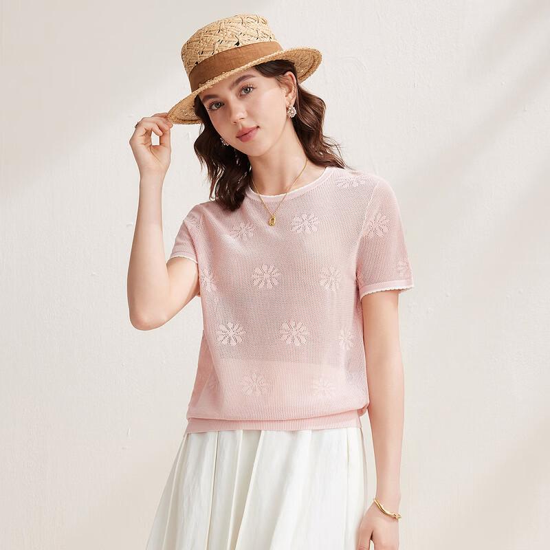 Women's Mulberry Silk Floral Jacquard Knit Short Sleeve Top