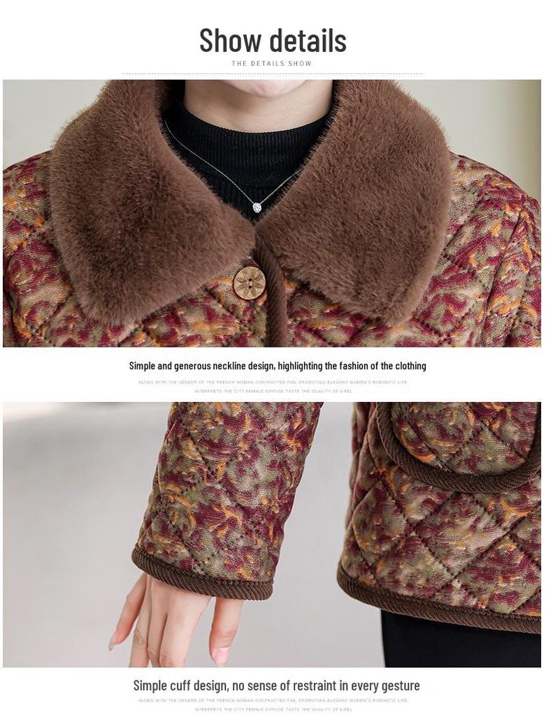 Mid-Aged & Elderly Women's Stylish Warm Velvet-Lined Winter Cotton Jacket