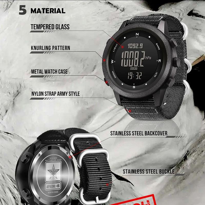NORTH EDGE APACHE-46 Heren Digitale Horloge Buiten Sport Hardlopen Zwemmen Buiten Sport Horloges Hoogtemeter Barometer Kompas WR50M