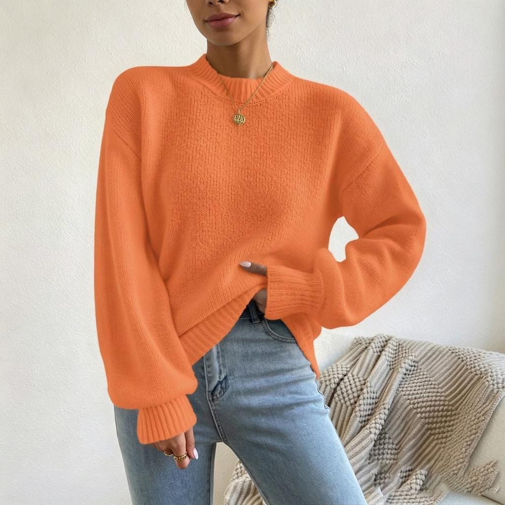 Women's Casual Color Mock Neck Long Sleeve Pullover Sweater Knit Top