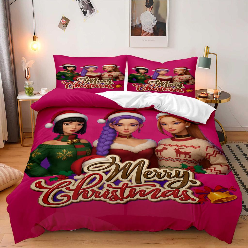 Christmas KPOP Beddding Set K-Pop Demon Hunters Machine Washable Durable King Queen Twin Size for K-pop Girls Home Bedroom Decor