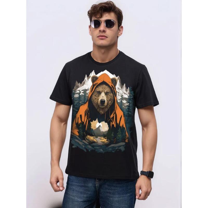 Men Bear Cartoon Printed Short Sleeve O Neck T Shirt Summer Tees