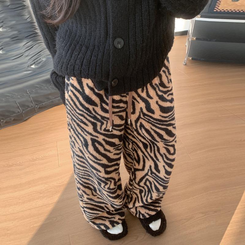 Women's Autumn Winter American Tiger Print Casual Pants Warm Loose High Waist Drape Slim Wide-leg Trousers