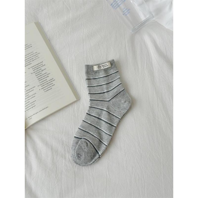 

Sock Children s Summer Embroidery Dog Mid-length Socks, Cute Fabric Label, School-style Striped Pile Socks 1 pair