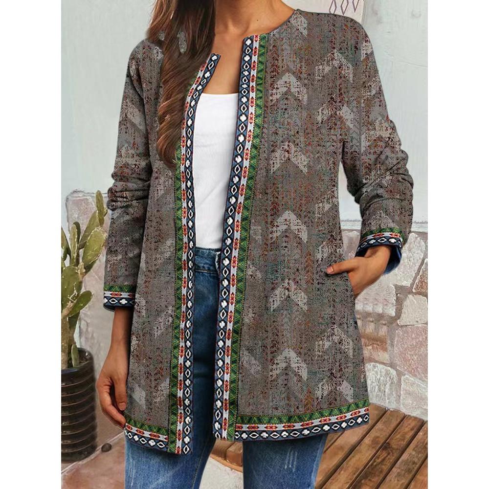 GMXIA Herbst Winter Vintage Ethnischer Stil Druck Übergröße Jacke Strickjacke Damenbekleidung