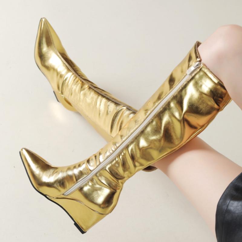 Módní klínové kozačky nad koleno Dámské 2024 Zimní boty Luxusní zip Zlatá Stříbrná Dlouhé kozačky Dámské Klínky Podpatky Společenské boty Dámské