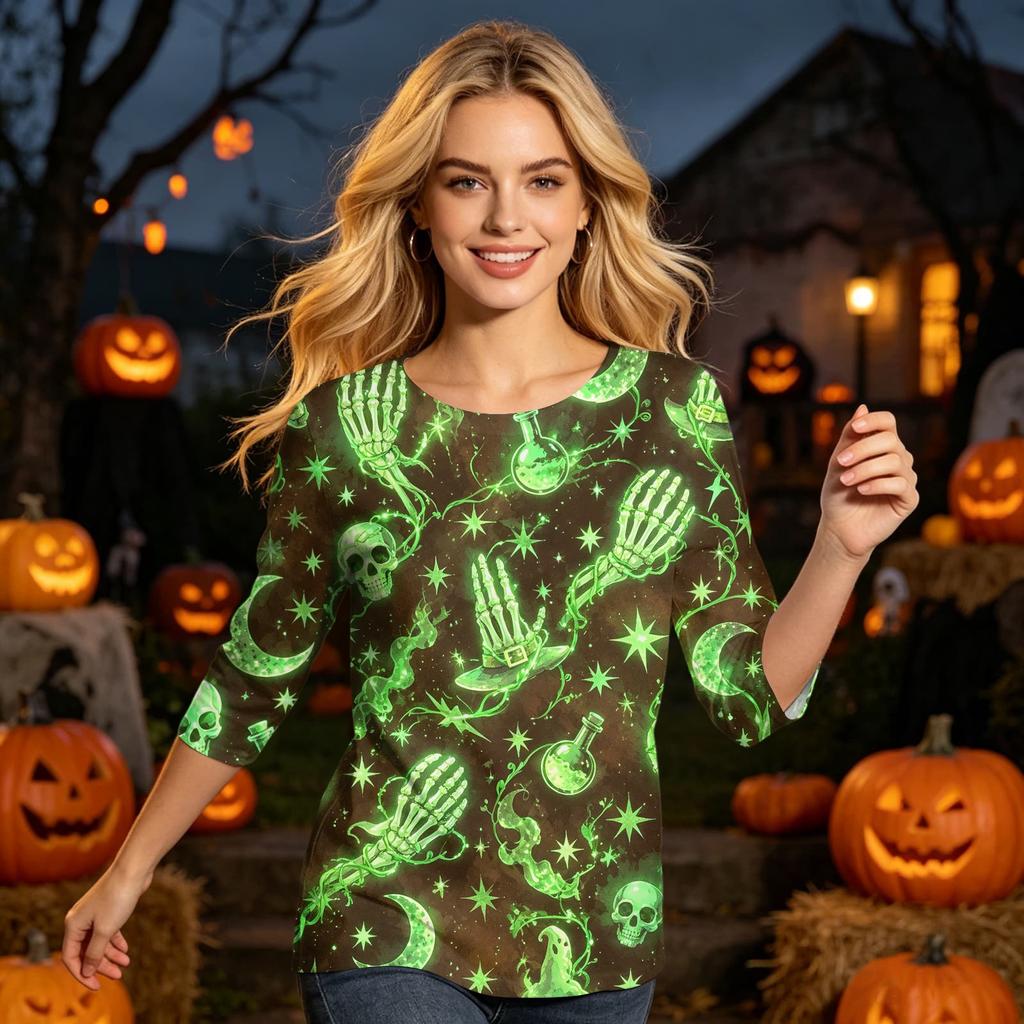 Women's Casual Halloween Print Three Quarter Sleeve Round Neck Top Lightweight Comfortable Fit for Everyday Wear