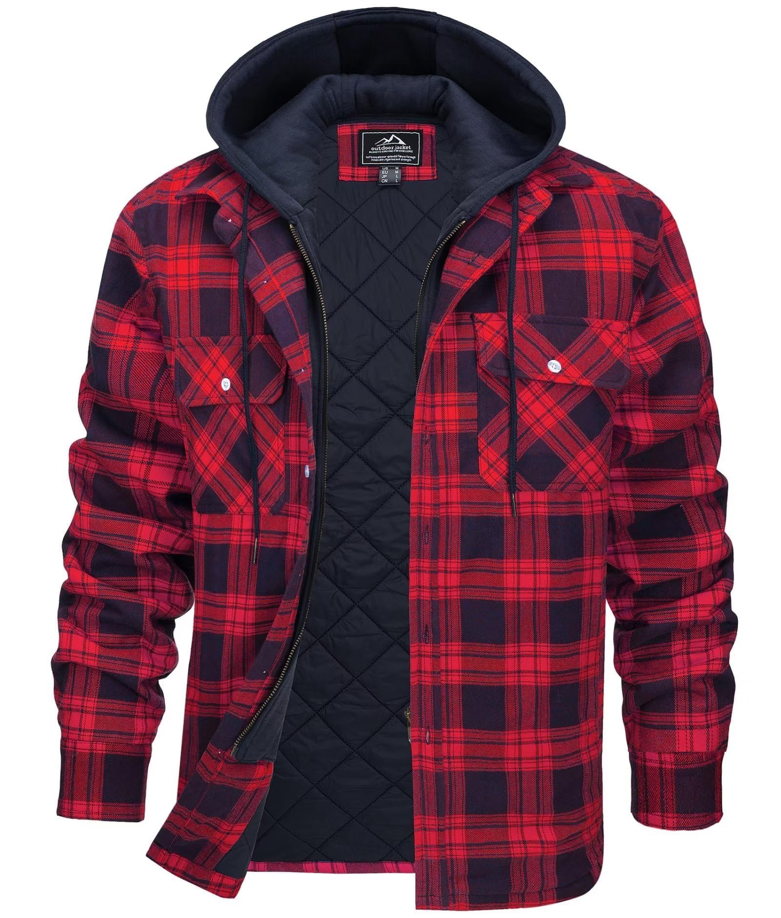 

KEFITEVD Thick Flannel Winter Long Work Size 2XL Men s Zip-Up Shirt, Outerwear, Hooded, Sleeve, Pockets, Cotton, Wear, Red,
