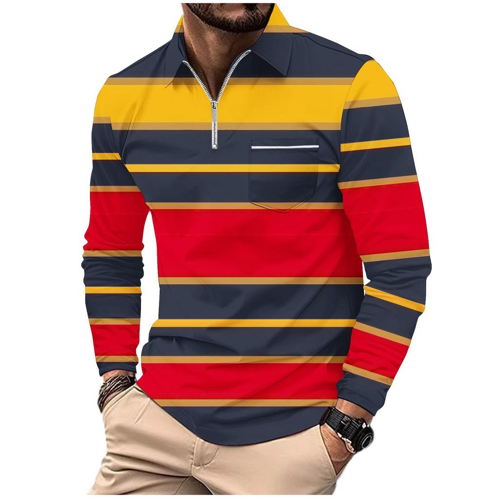 Fashion Polo Shirt Men's Printed Long Sleeve Zip Pocket Sports Polo Shirt Men's Striped Sweatshirt