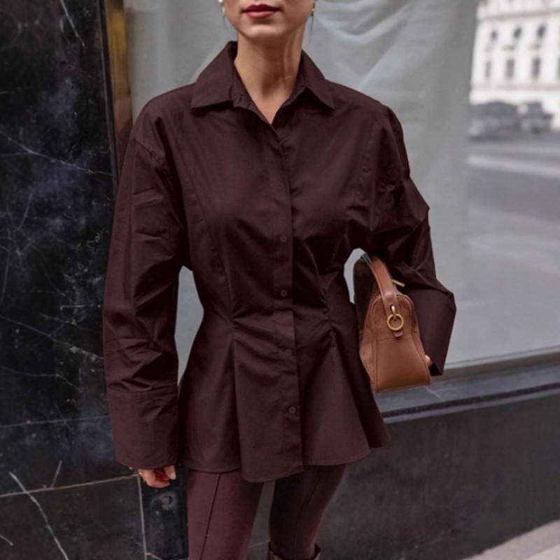 Womens Slim Fit Pleated Cotton Blouse Long Sleeve Office Shirt Mid-Length Brown White Black