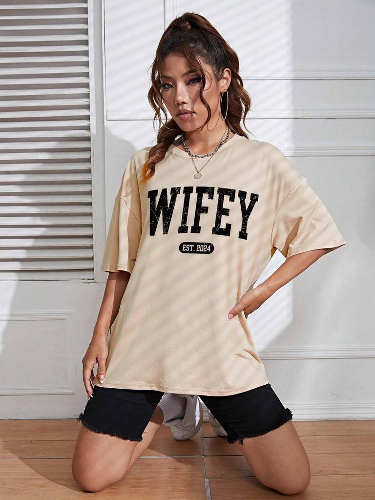 Wifey Est 2024 Zabawny Graficzny T-shirt Damski Oddychający Miękki T-shirt Oversize Modny Krótki Rękaw Bawełniany Streetowy T-shirt