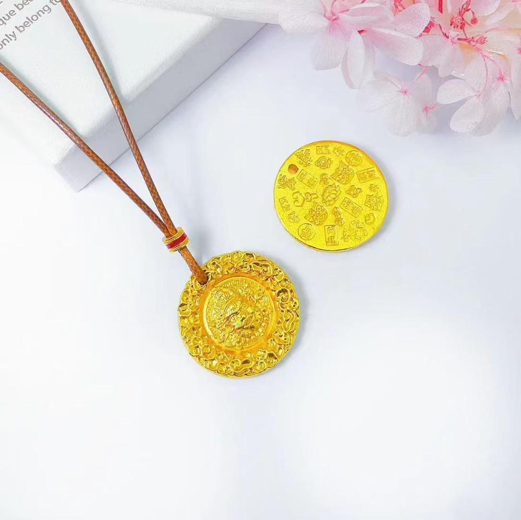 Vietnamese Sand Gold Yellow God of Wealth Pendant: Auspicious Chiseled Amulet Sweater Chain for Men's and Women's Benming Year